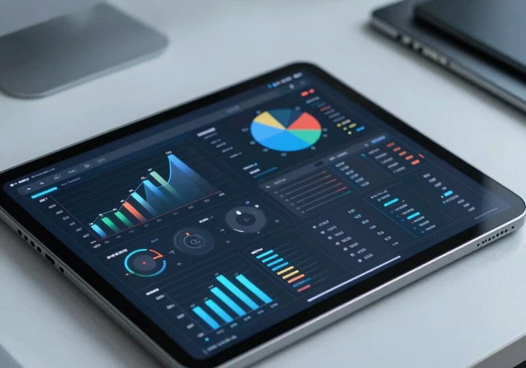 Close-up of a sleek digital tablet on a clean office desk, displaying complex data charts and digital transformation analytics, professional lighting, light blue accents.