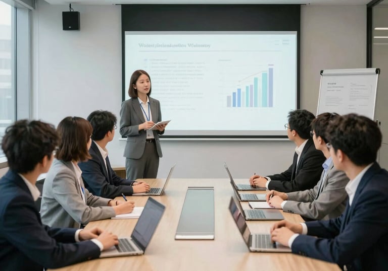 Professional marketing team attending a business strategy presentation in a modern office conference room.