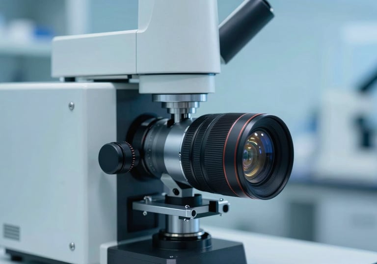A close-up photograph of high-tech laboratory equipment in a South Asian / Indian facility. The lighting is crisp and modern, featuring Mist White and Light Sky Blue tones.