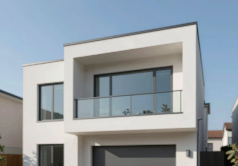 An architectural photograph of a modern residential home under a clear sky. The image is crisp and clean, reflecting professional real estate standards. Uses light blue and neutral tones (#A0B7CD, #F5F8FA).