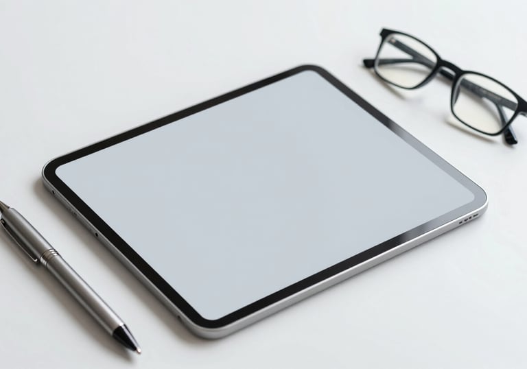 A flat lay of professional items on a light desk: a sleek tablet, a high-end pen, and a pair of spectacles. The arrangement is minimalist and professional, utilizing #4F6F8F and #F5F8FA.