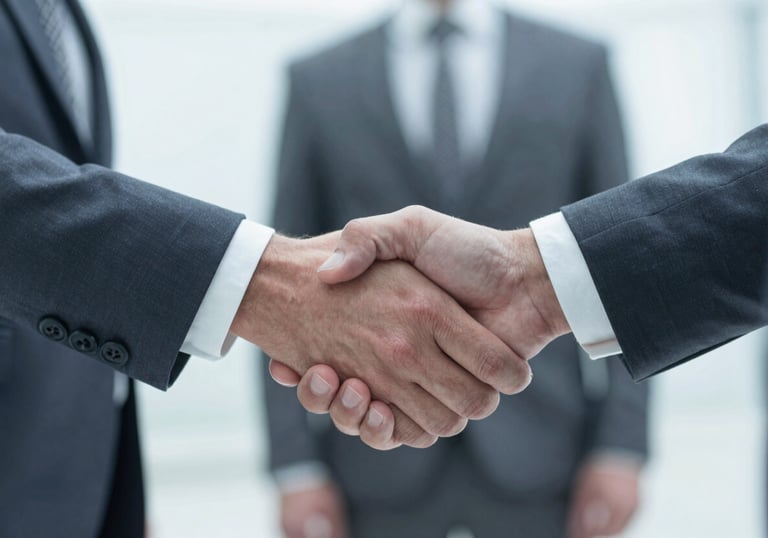 A close-up of a professional handshake between two people in business attire. The focus is sharp on the hands, symbolizing a successful agreement. The lighting is professional and clean, using tones of #F5F8FA and #4F6F8F.