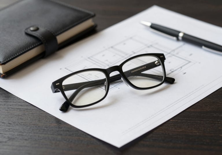 A professional still life on a dark wood desk featuring a pair of classic spectacles, a leather-bound notebook, and a set of architectural plans. The focus is sharp and the lighting is authoritative, using colors like #262626 and #595959 to emphasize serious planning and proven experience.