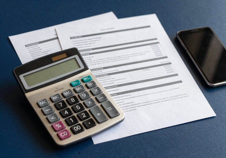 An organized office workspace with a calculator, financial documents, and a smartphone. Clean, precise atmosphere with navy blue and off-white tones, South American setting.