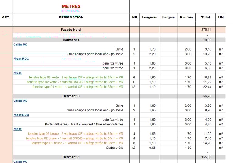 Détail Quantitatif Estimatif (DQE) réalisé sur Excel pour le métré d'un bâtimen