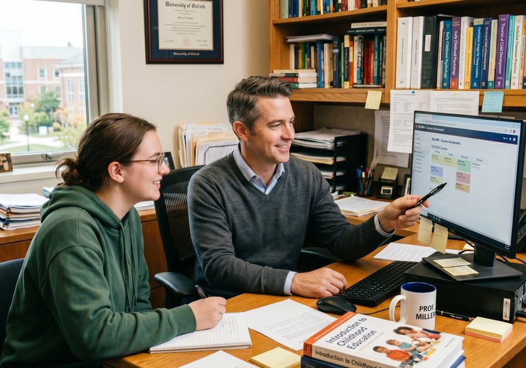 Advisor with student going over course registration on the computer.