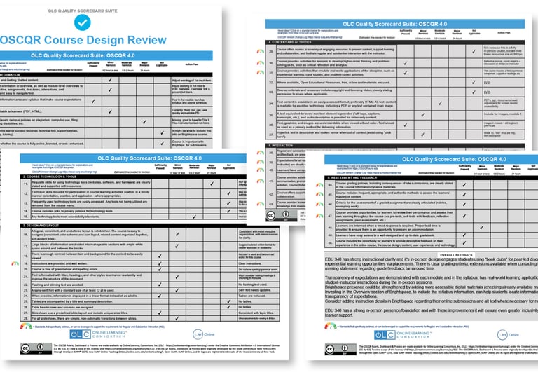 OSCQR evaluation report assessing a Brightspace course against SUNY quality review standards.