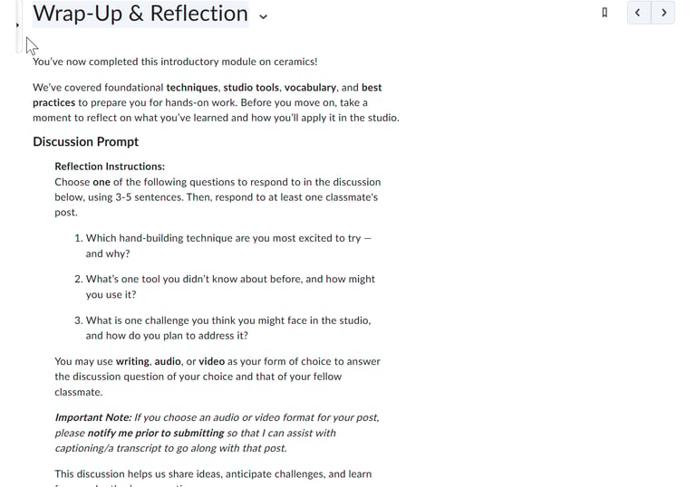 Brightspace discussion activity with reflection prompts and learner response forum.