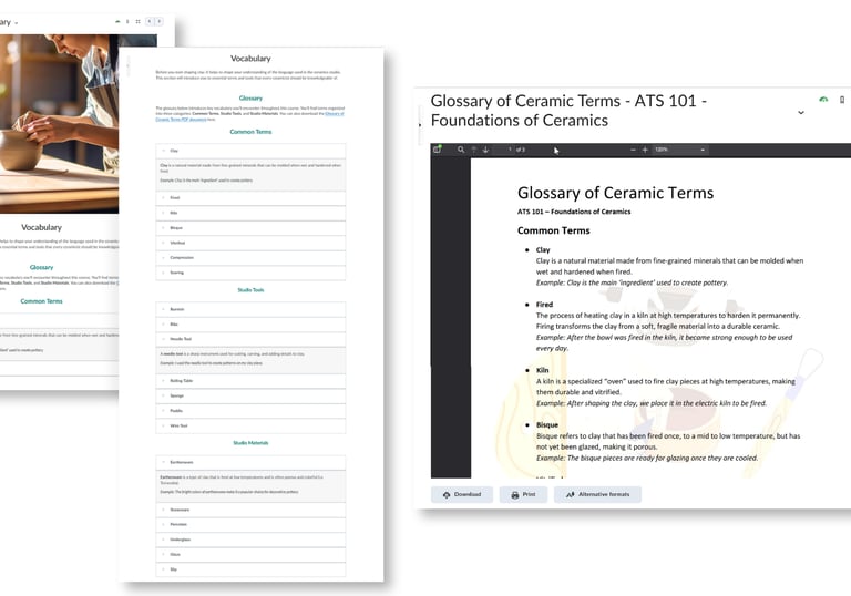 Course glossary and downloadable PDF guide presenting ceramics terms in accessible formats.