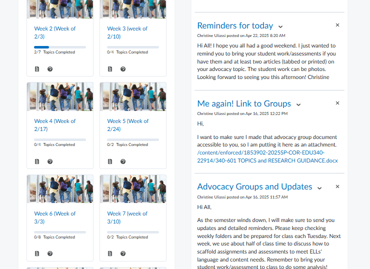 Brightspace course modules organized by week, showing navigation and course structure.