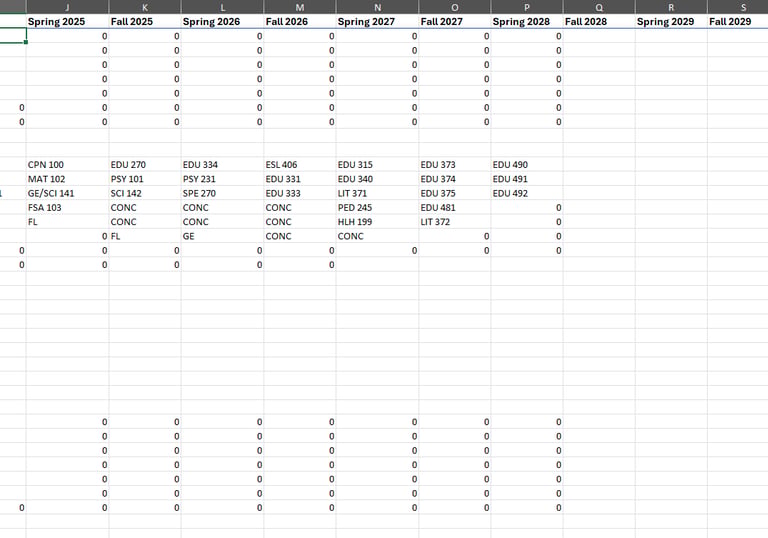 Consolidated academic planning worksheet combining advising data across multiple students.