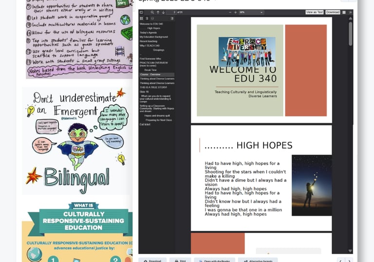 Brightspace Week 1 module with instructional content, announcements, and learning resources.