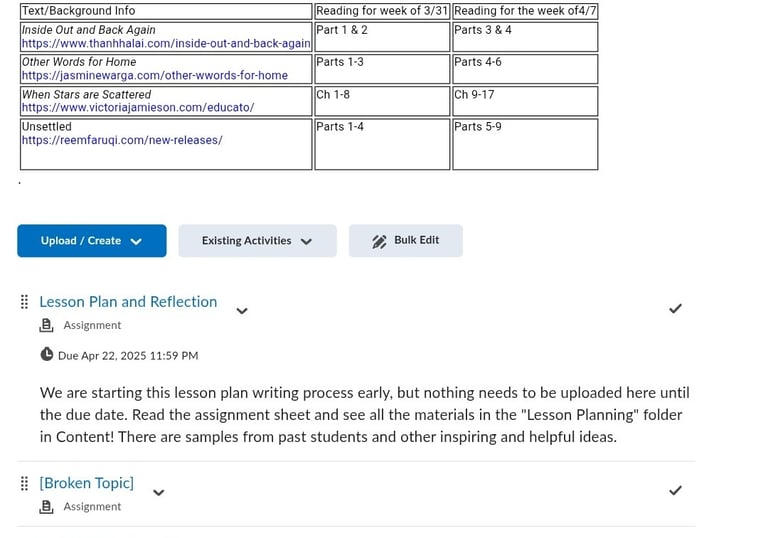 Brightspace module with assigned readings, instructional resources, and assessments.