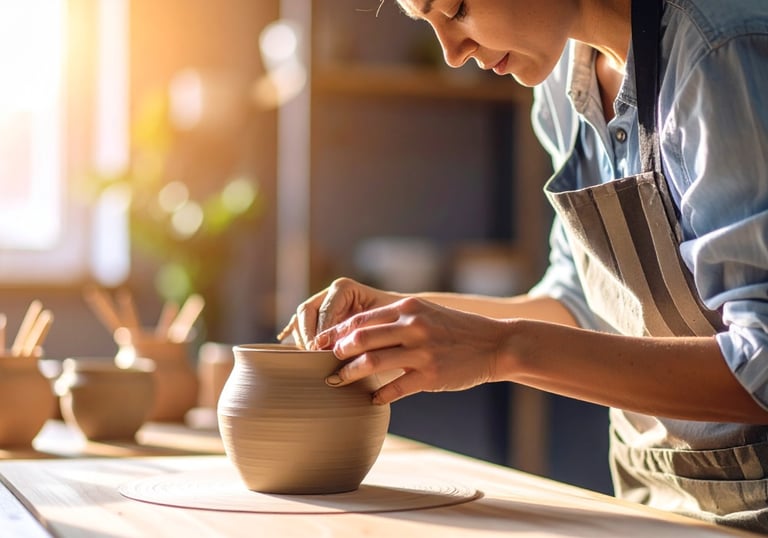 Potter working on a clay pot with their hands.