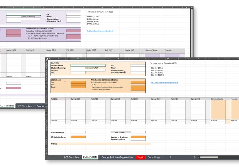 Custom Excel degree plan templates for multiple undergraduate education majors.