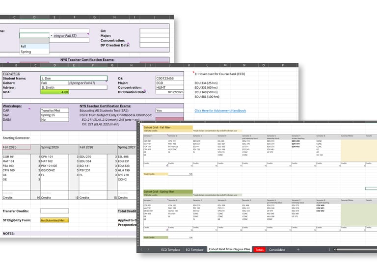 Dropdown-driven degree plan automatically populating student coursework from cohort data.