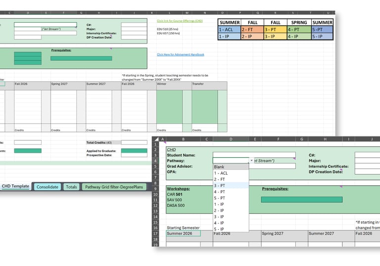 Graduate degree planning template supporting multiple academic completion pathways.