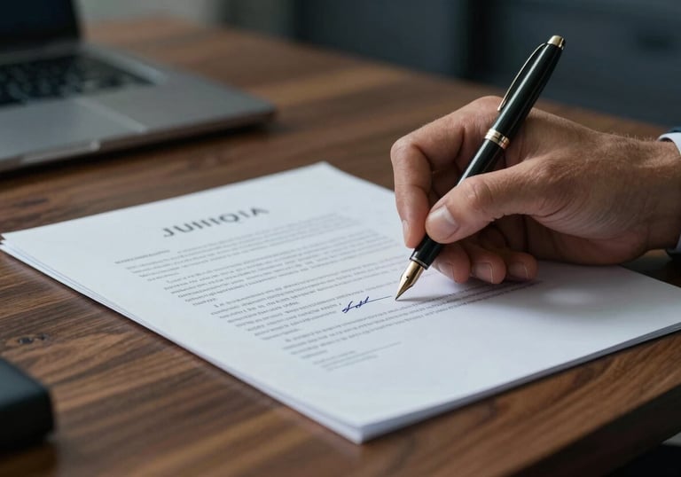 Close-up of a person's hand signing a formal legal document with a fountain pen on a polished wooden desk in a Latin American office. Focus on the signature and paper texture. Dark blue grey tones.