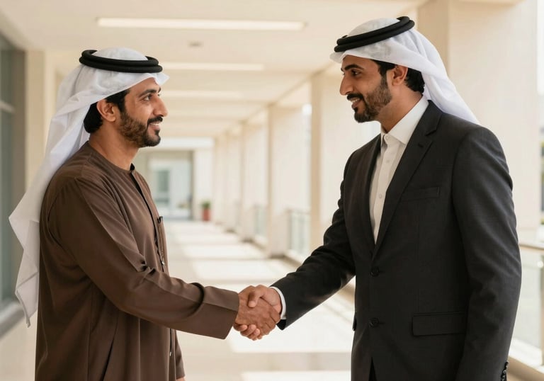 A professional photograph of two business partners in formal Middle Eastern / Gulf attire shaking hands in a bright, modern corridor of a professional building. Lighting is warm and encouraging.