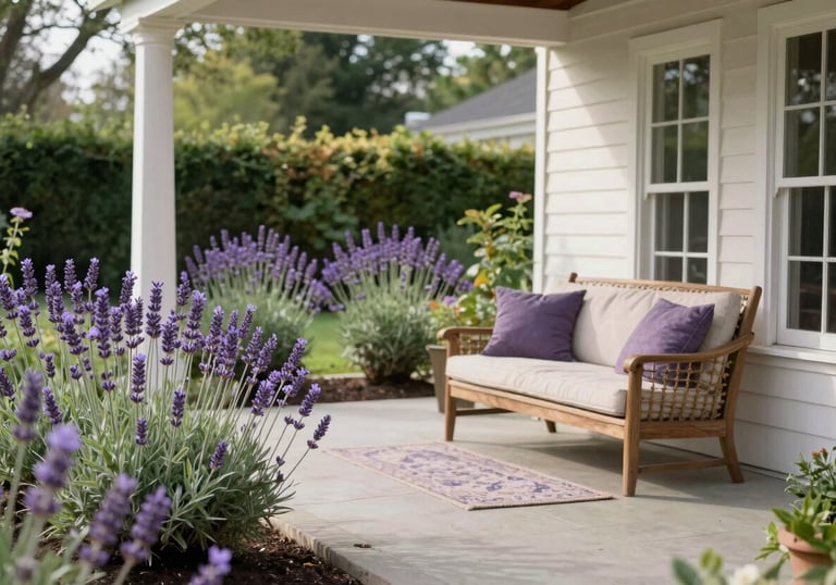 A serene garden view from a clean North American / US porch, featuring blooming lavender and comfortable seating, symbolizing peace and restoration.