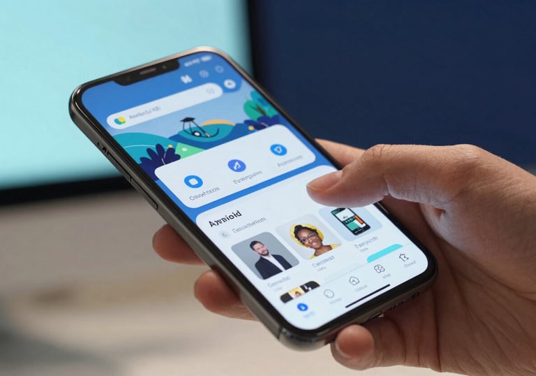 A macro shot of a hand interacting with a sleek Android device screen, showcasing a clear and vibrant app interface. High-tech North American office setting with soft cyan and navy blue background tones.