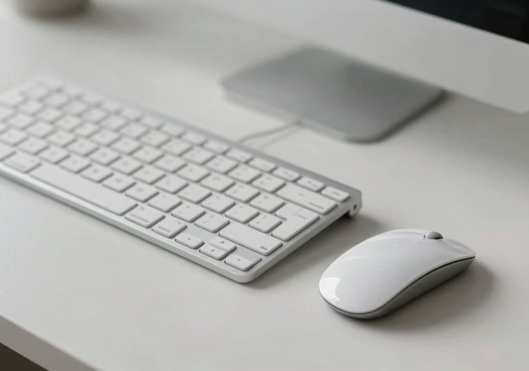A clean, modern workspace with a minimalist keyboard and metallic mouse, bathed in soft Pale Cloud Grey morning light.