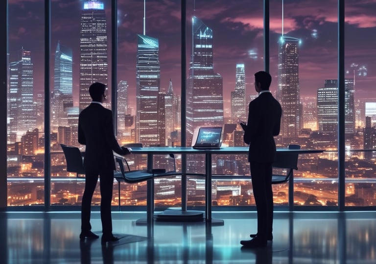 A professional consultant explaining AI strategy on a digital tablet in a dark-themed modern office.