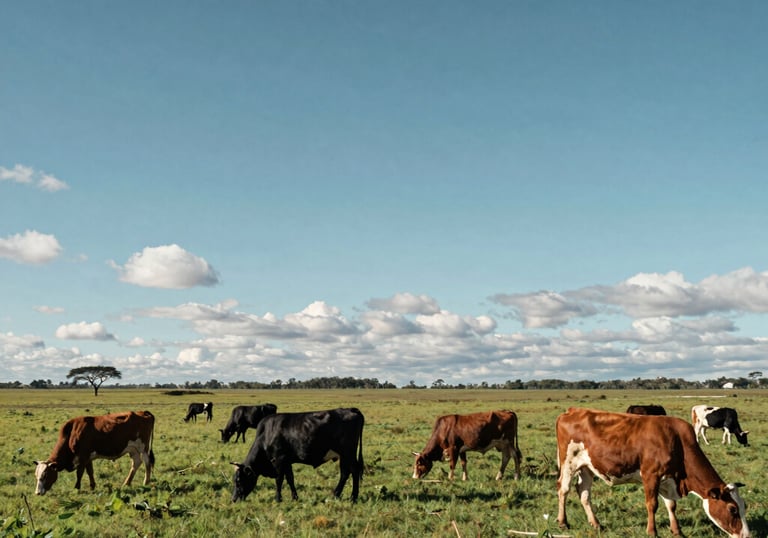 Vibrant South American pastureland with healthy livestock grazing under an expansive sky. The photo is taken from a low angle to emphasize the land's value and the legal foundation of property ownership.