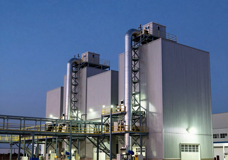 Modern industrial agricultural facility in Brazil, focusing on the clean architectural lines of a processing plant at dusk. The lighting highlights the metallic structures against a deep blue sky, symbolizing progress and legal order.