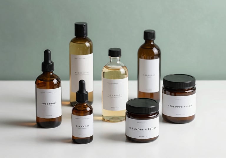 A collection of high-end PET bottles and glass jars with minimalist labels, arranged artistically on a mist white surface with soft slate green shadows. The style is premium and retail-ready.