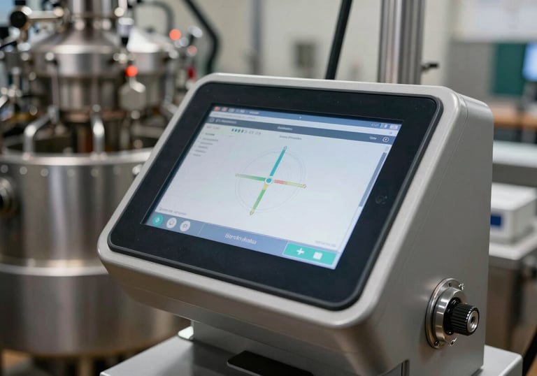 A close-up shot of a sophisticated touchscreen control panel on a modern North American / Canadian food processing line. The lighting is bright and emphasizes high-tech efficiency.