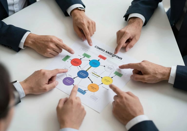 A top-down view of a professional North American / Canadian strategy meeting. Hands are pointing at a business growth plan and color-coded supply chain diagrams on a mist white table.
