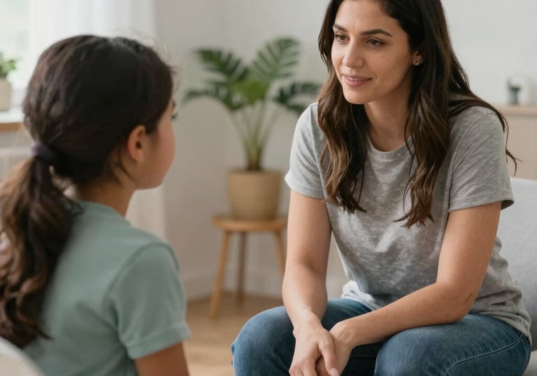 A warm therapy room with a counselor engaging a child in a card game focused on emotions.