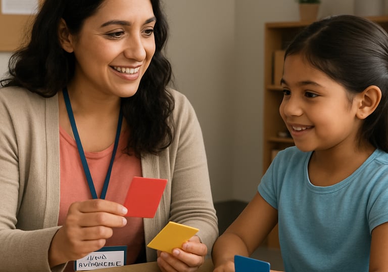 A diverse group of children happily playing a therapeutic board game with a caring adult.