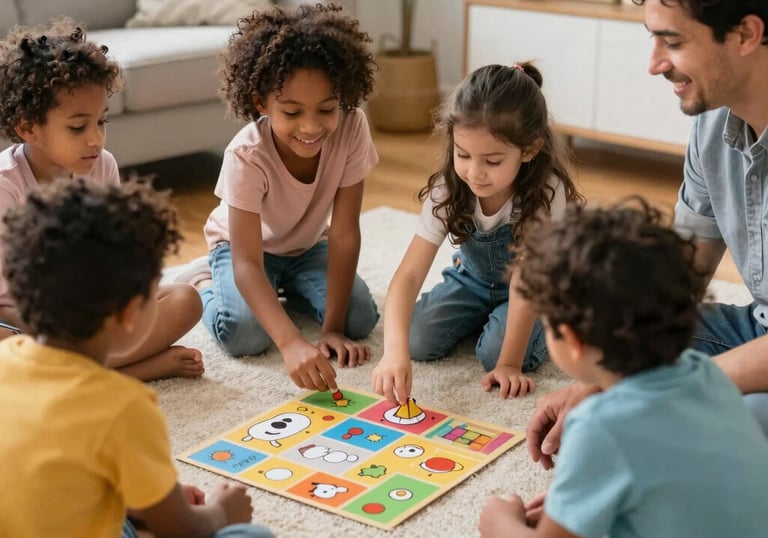 A cozy playroom setting with soft pastel colors and rounded furniture, inviting children to engage.