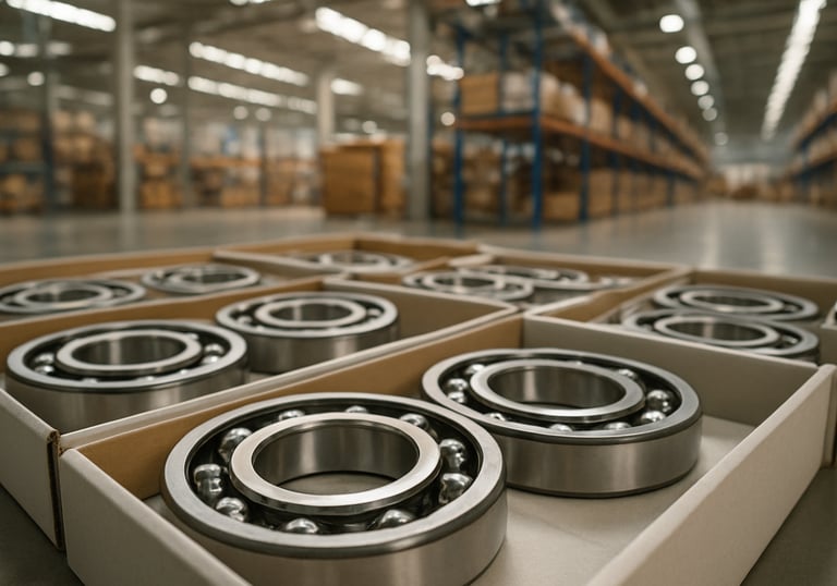 A series of model 6203 ball bearings neatly arranged in professional packaging within a bright, modern logistics center in South Asian / Indian region.
