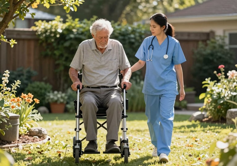 A nurse walking alongside an elderly man in a sunny North American backyard garden, demonstrating mobility assistance and companionship.