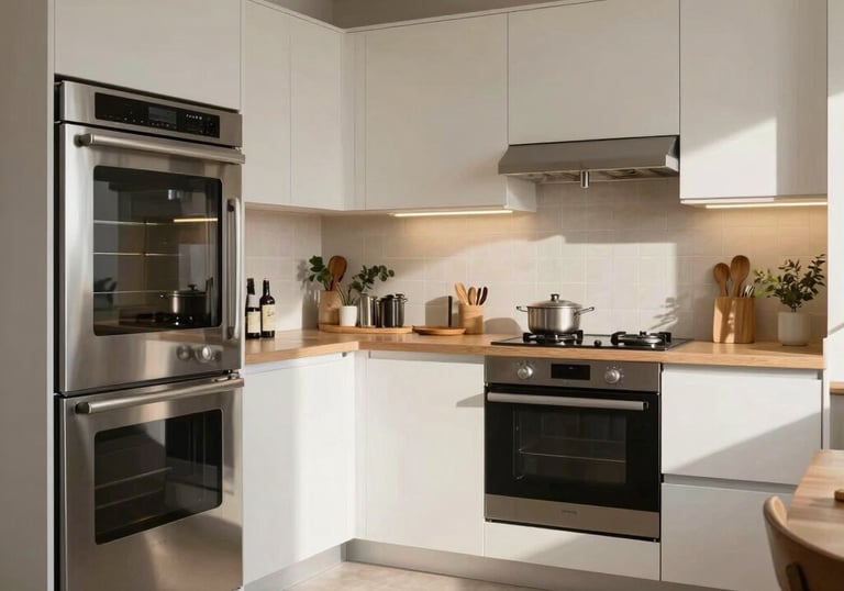 A wide, inviting shot of a clean and modern Spanish kitchen featuring high-end integrated appliances, reflecting a comfortable and perfectly maintained home environment.