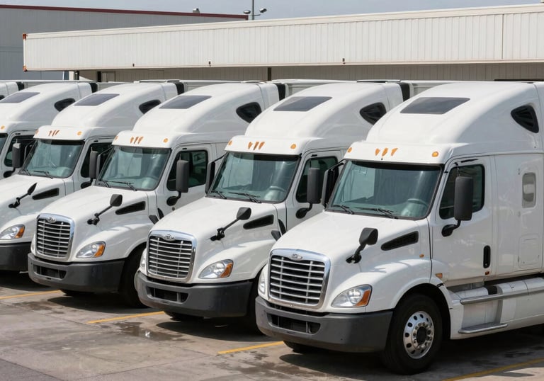 A fleet of clean white transport semi-trucks parked neatly at a North American / US logistics terminal after a full wash. Modern and pristine appearance.