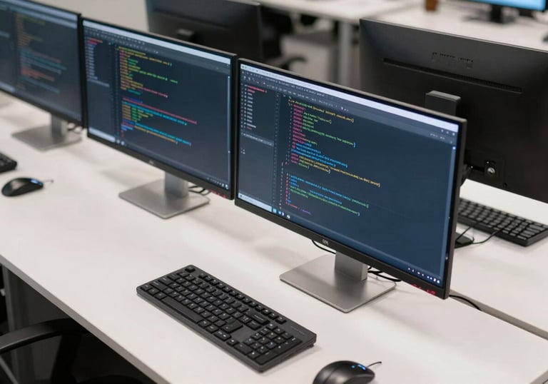 A high-angle shot of a developer's workstation featuring multiple silver monitors with code on screen. The desk is clean and white, set in a North American / US urban office.
