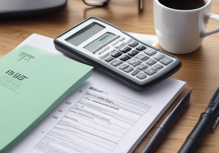 Clean workspace with laptop, documents, and smartphone showing bookkeeping app.