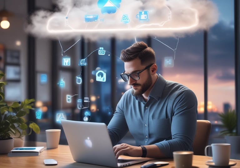 Clean workspace with laptop, documents, and smartphone showing bookkeeping app.