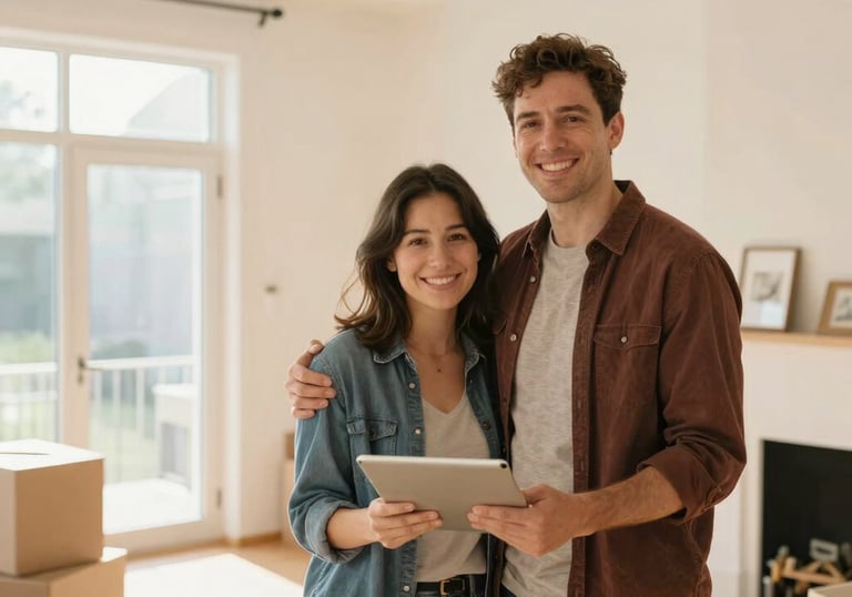 A young couple excitedly receiving keys to their first home in suburban Western Australia.