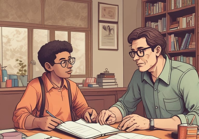 A friendly teacher giving a one-on-one English lesson at home with books and a laptop.