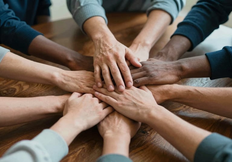 A symbolic close-up of diverse hands joining together over a wooden table in a North American setting, representing unity and community support, teal and navy tones.