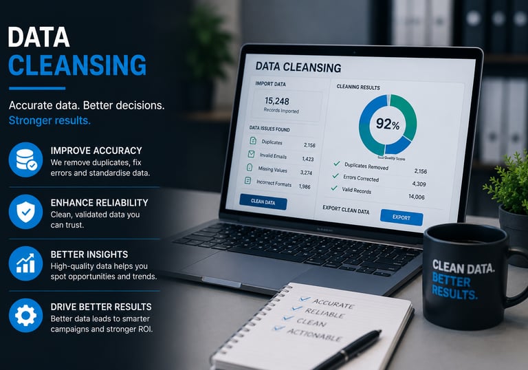 A laptop showing data cleansing software results alongside a checklist for accurate and reliable high-quality data.