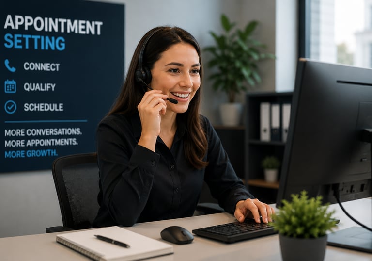 Smiling female customer service agent wearing a headset for professional appointment setting services.