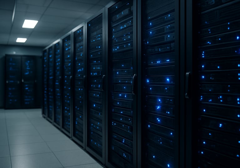 A modern, high-tech server room with soft blue LED indicators, representing advanced technology and AI integration. Clean, sophisticated composition.