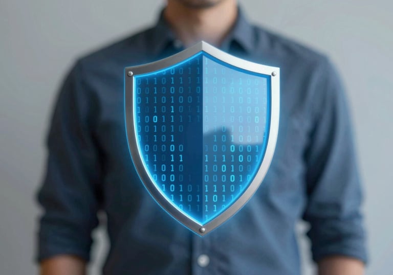An image representing digital security and quality assurance, featuring a glowing blue shield and binary patterns in #B2D4D8 and #367C89. The lighting is calm and reassuring.