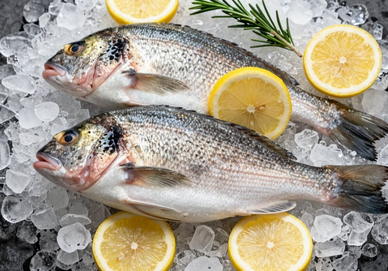 A top-down view of fresh whole sea bream on a bed of crushed ice, garnished with lemon slices and rosemary. Professional food photography with a focus on scales texture and clarity. Palette colors include Sandstone and Pale Cream.